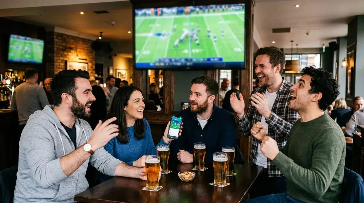 NFL fans in a UK pub watching an American football game on multiple screens during a Sunday night broadcast