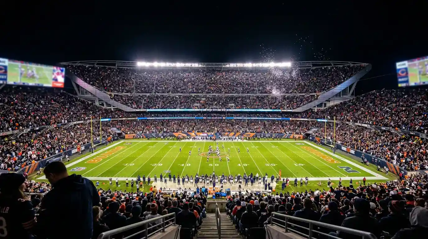 Wide-angle view of a packed NFL stadium at night during the Super Bowl with bright floodlights illuminating the American football field
